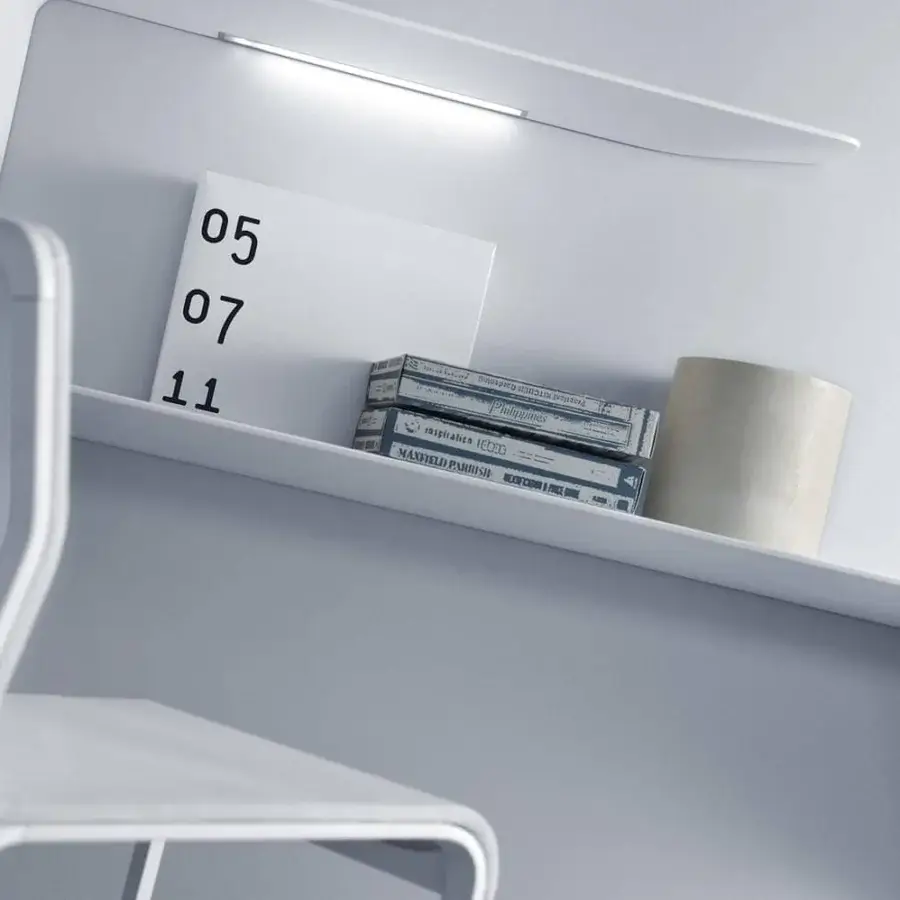 Sophisticated MDF Italia Mamba desk with a wavy shape and tapered thickness in matt white Cristalplant® finish