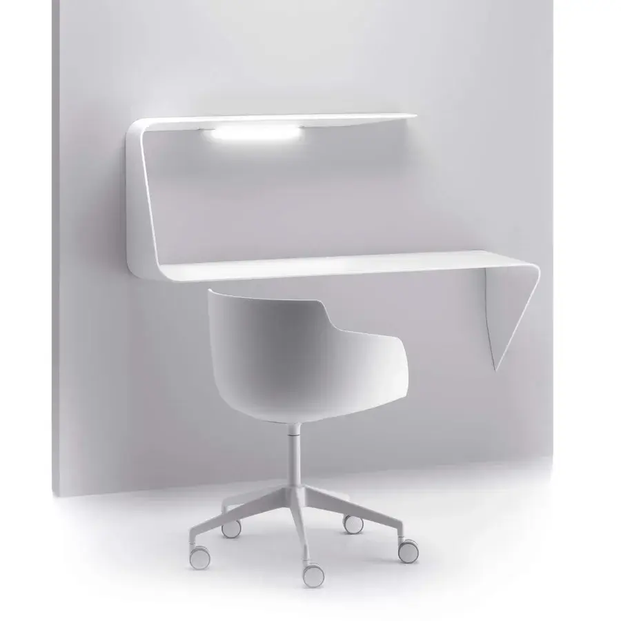 Elegant MDF Italia Mamba desk crafted from matt white Cristalplant® with a built-in white HD LED light and integrated shelf