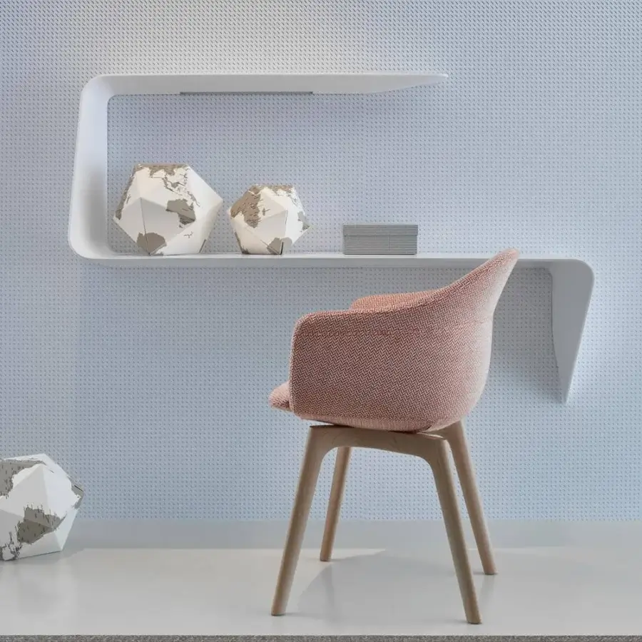 Elegant MDF Italia Mamba desk in matt white Cristalplant® with a wavy, shelf-like structure and white HD LED illumination