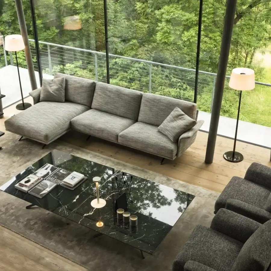 Distinguished Verzelloni Nilson sectional with textured gray textile upholstery and low-profile metal legs