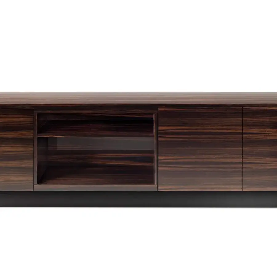 Distinctive 4 Mariani City Sideboard with black walnut wood and lacquered base exhibiting a glossy finish