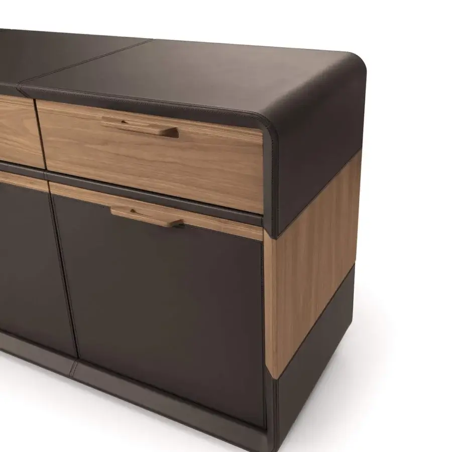 Exceptional 4 Mariani Herman sideboard with curved dark brown matte leather and elegant wood sides built for executive offices