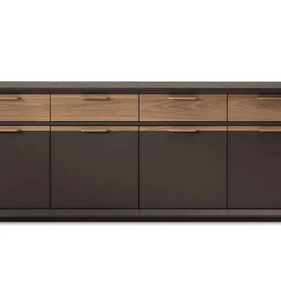 Distinguished 4 Mariani Herman sideboard clad in dark leather with light-toned wood fronts and a matte finish