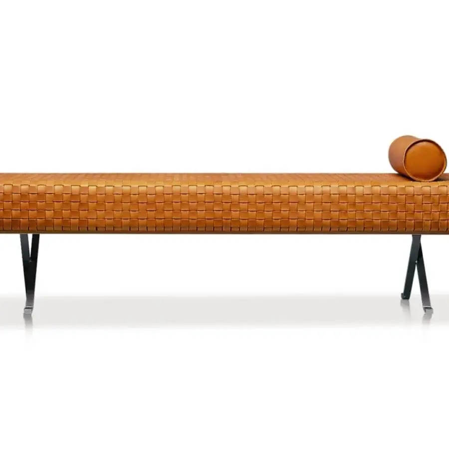 Elegant Presotto Sigmund chaise lounge crafted with oak wood and hand-woven vegetable-tanned leather in a medium brown finish