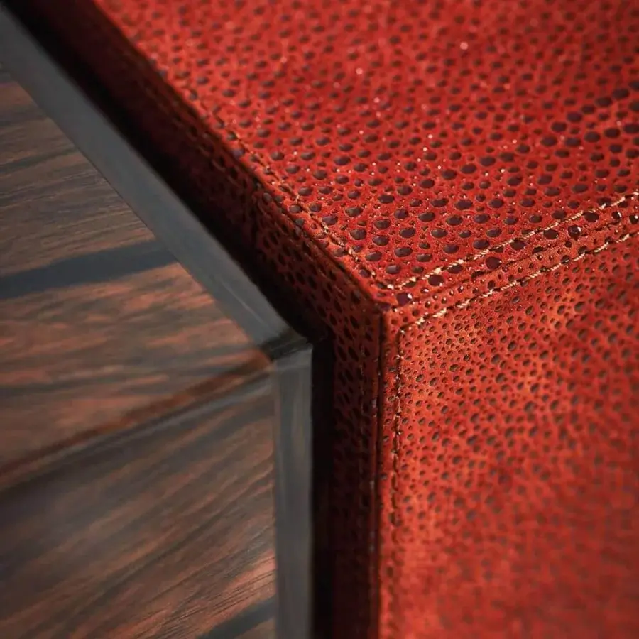 Exceptional OAK Montenapoleone desk with lacquered wood drawer and orange textured galouchat leather detailing with dark trim