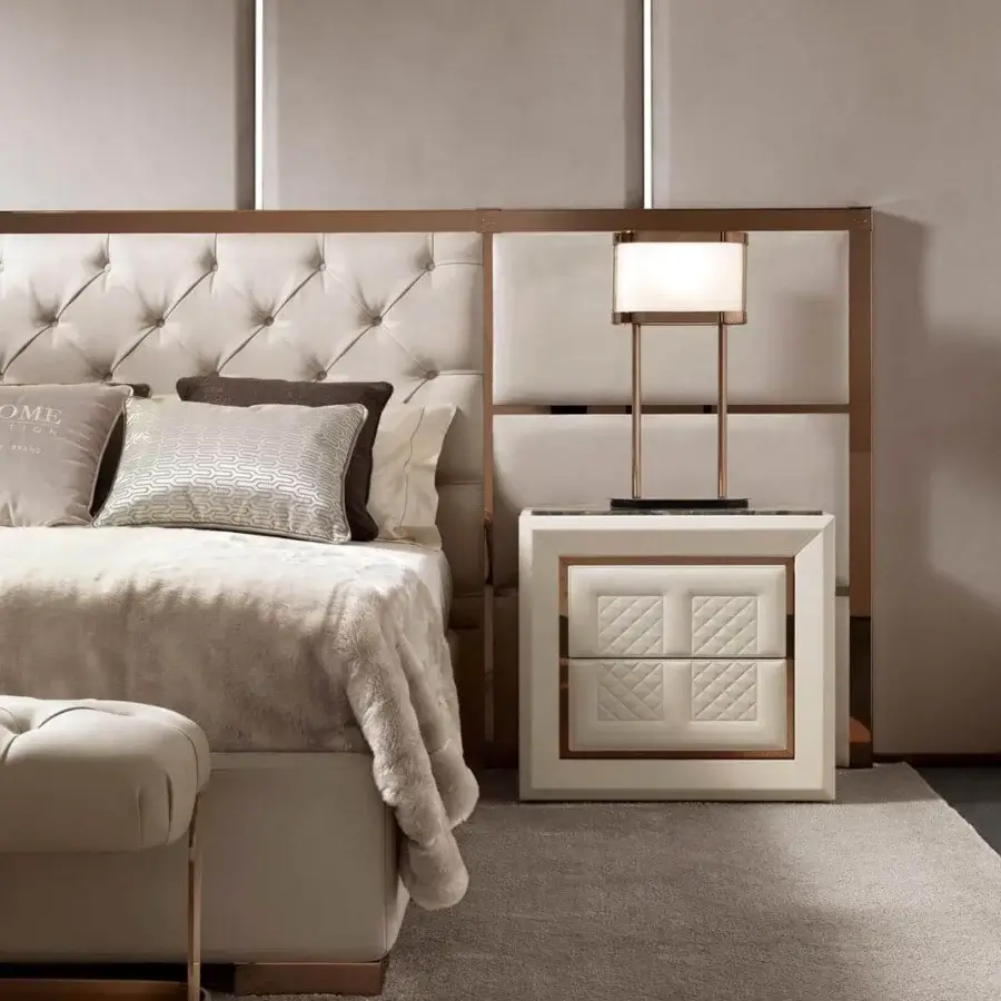 Lavish DV Home Collection Adler nightstand built in Italy with quilted cream leather and stainless steel inserts, glossy finish