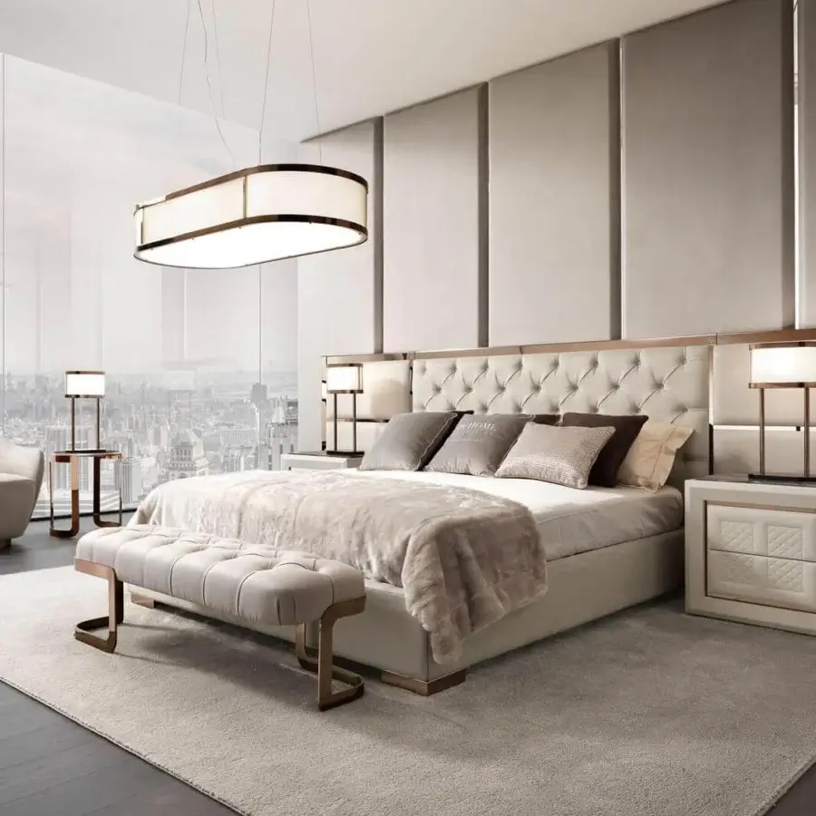 Elegant DV Home Collection Adler nightstand with multilayer structure covered in cream leather and matt lacquered internal parts