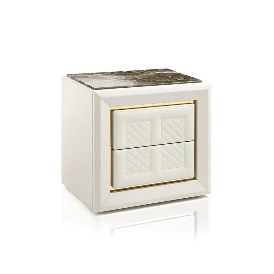 Exclusive DV Home Collection Adler nightstand with multilayer structure covered in glossy white leather and marble top