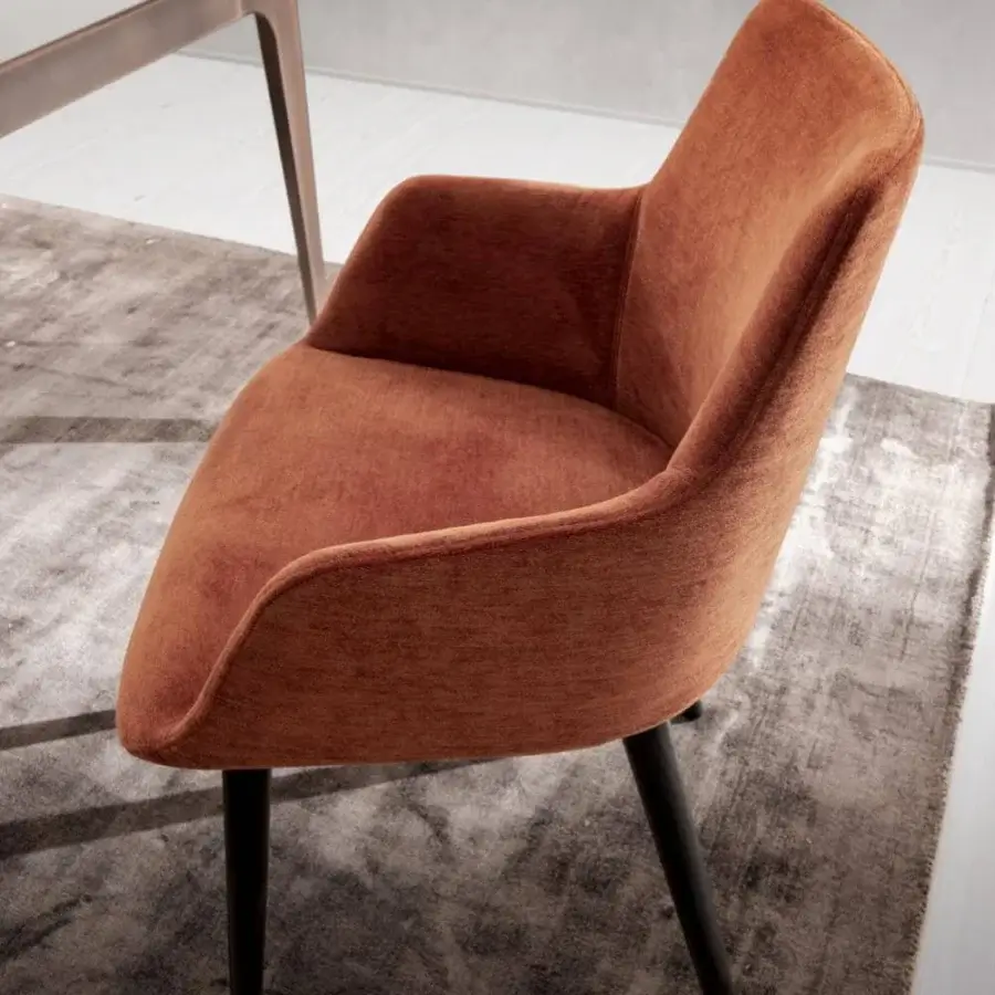 Distinguished Presotto Divina armchair with enveloping silhouette upholstered in warm brown textile and dark-lacquered ash legs