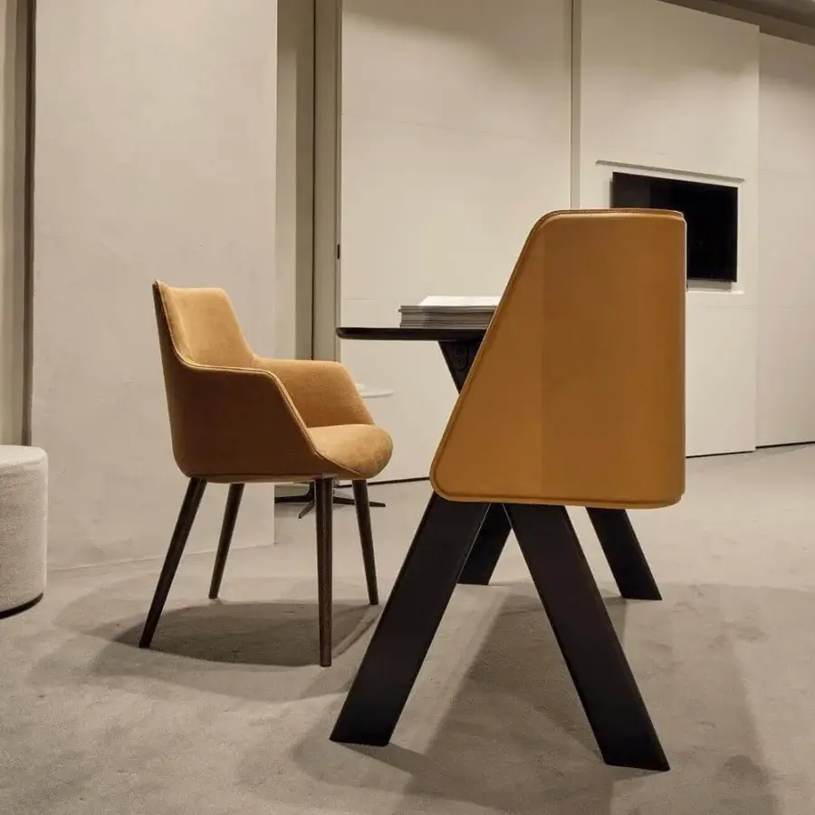 Exceptional Presotto Divina armchair with enveloping shape crafted in golden-brown textile and natural ash finish