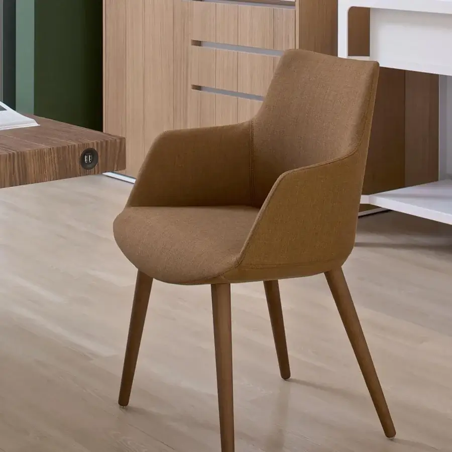 Superior Presotto Divina armchair with enveloping silhouette upholstered in light brown fabric and natural ash wood legs