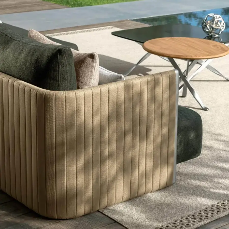 Exclusive Talenti George coffee table with a round accoya wood top and matte finish stainless steel X base