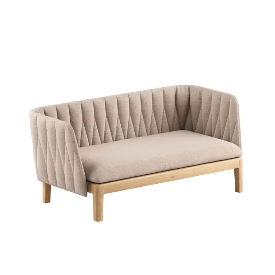 Distinguished Royal Botania Calypso lounge sofa with light-toned teak base and beige textile upholstery exhibiting vertically channeled detailing