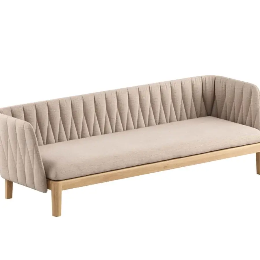 Exceptional Royal Botania Calypso lounge sofa with light beige textile upholstery and smooth light-toned teak base