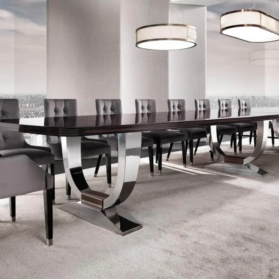 Superior DV Home Collection Hermes Suite conference table with a glossy Cacao walnut tabletop and striking stainless steel base