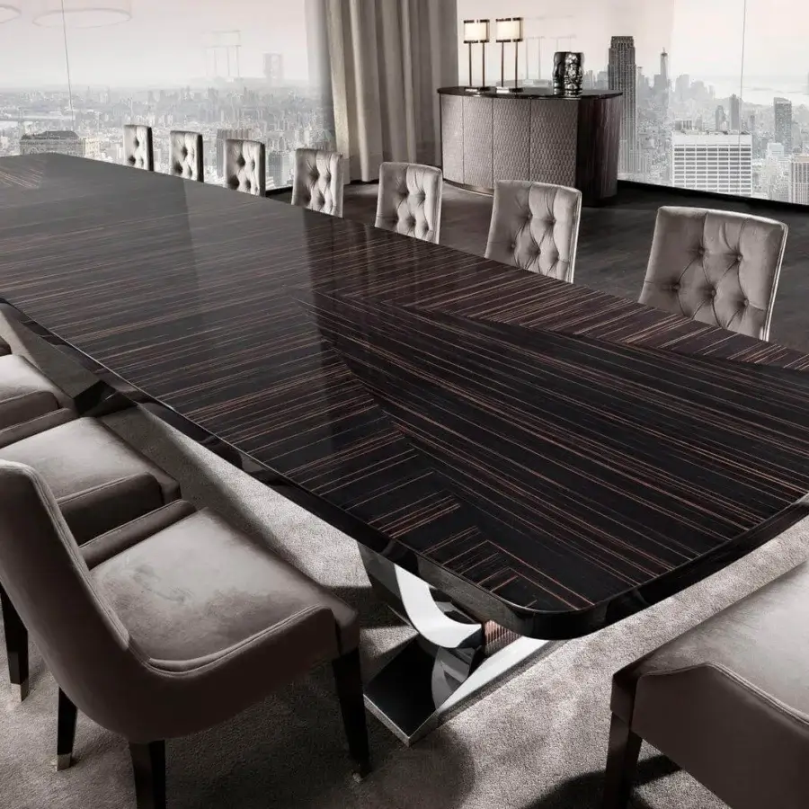 Distinguished DV Home Collection Hermes Suite conference table in Cacao walnut with a glossy chevron grain and stainless steel base