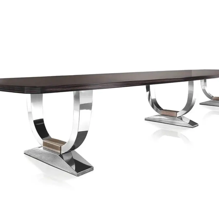 Superior DV Home Collection Hermes Suite conference table in Cacao walnut with glossy finish and polished stainless steel bases