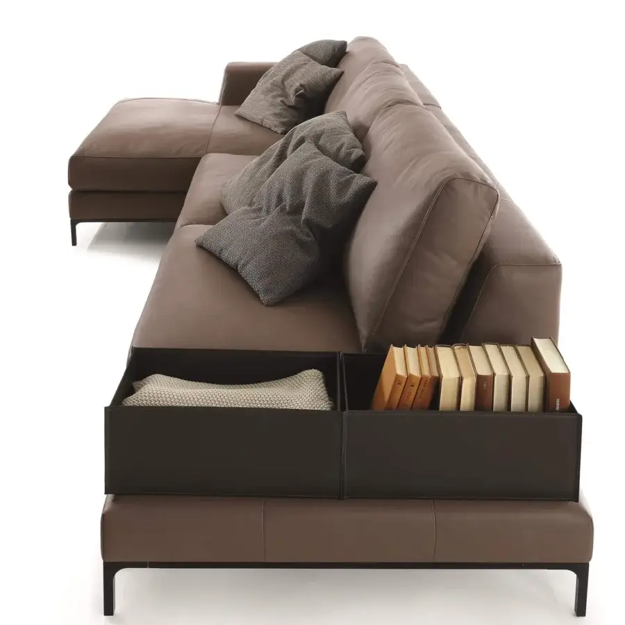 Exceptional Ditre Italia Artis sectional with light brown leather-like upholstery and matte finish, built with dark metal base and storage