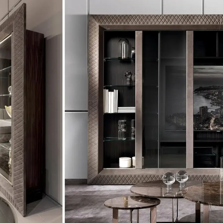 Elegant DV Home Collection Byron TV cabinet with quilted taupe leather, Ebano Macassar veneer and tempered glass doors