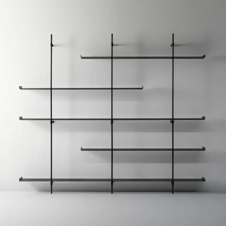 Distinguished Bonaldo Foil bookcase with slim black painted aluminum shelves and matching metal uprights creating a minimalist design