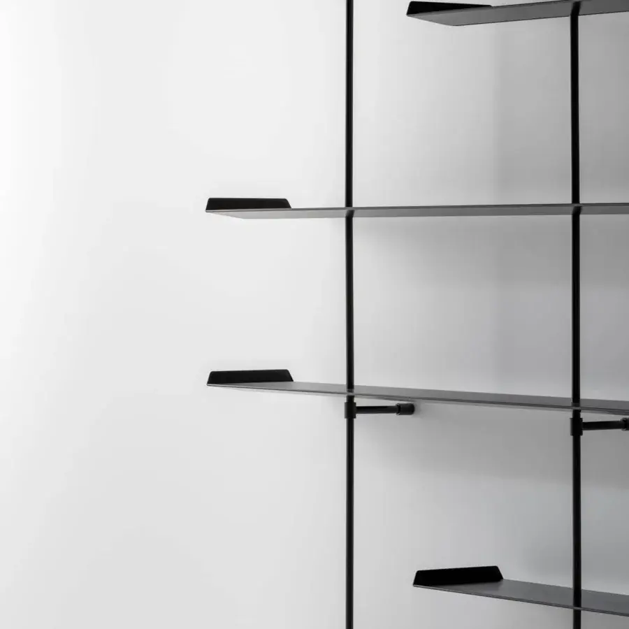 Superior Bonaldo Foil bookcase with painted aluminum shelves and metal uprights in a black finish