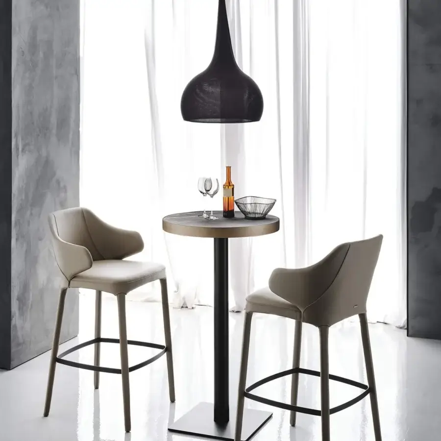 Elegant Cattelan Italia Wanda stool with light taupe synthetic leather and dark wood, built with a curved design and square footrest