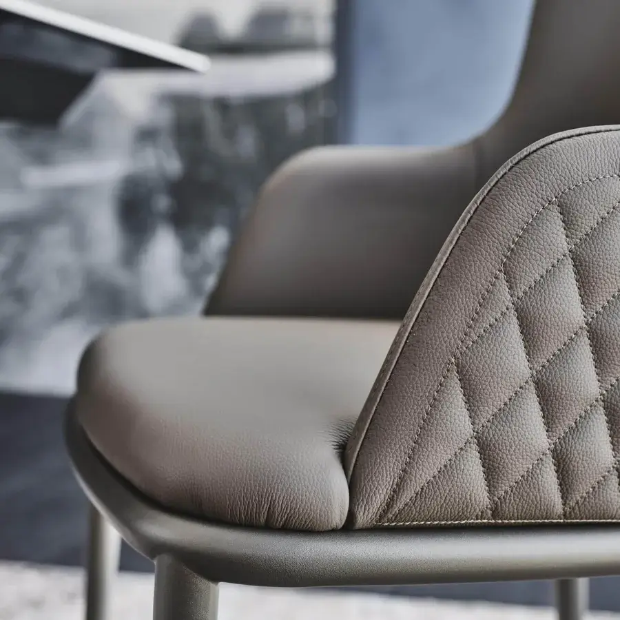 Exceptional Cattelan Italia Magda ML chair with muted brown leather upholstery and distinctive diamond-quilting details
