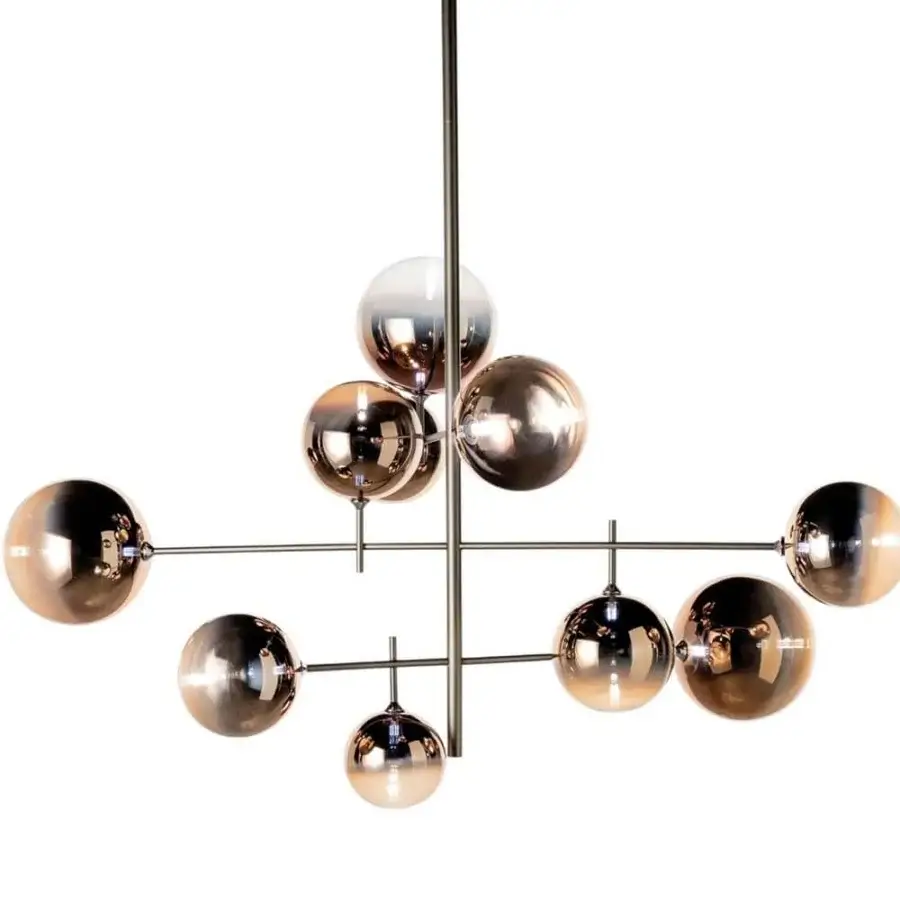 Refined Reflex Bulles XL suspension lamp with bronze metal structure and varying borosilicate glass spheres in warm bronzed tone