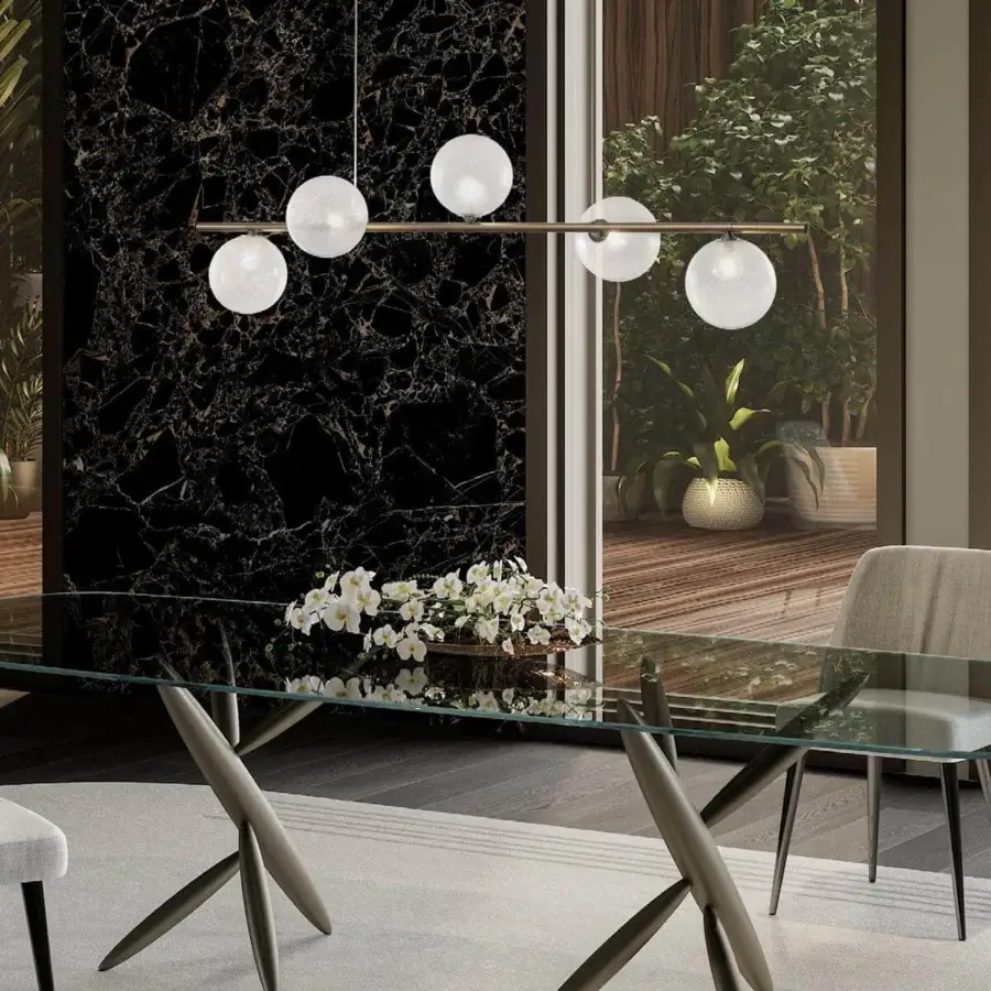 Distinguished Reflex Bulles XL suspension lamp with frosted white borosilicate glass spheres and a bronze metal structure