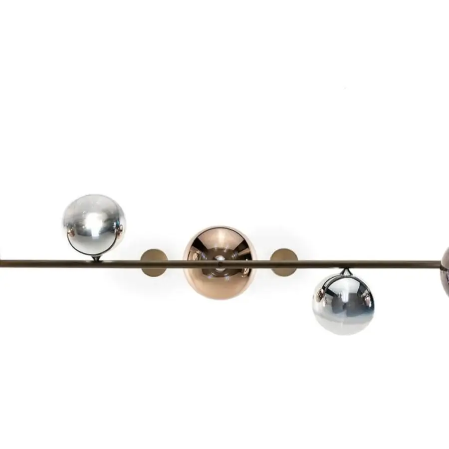 Lavish Reflex Bulles XL suspension lamp with a bronze metal structure and borosilicate glass spheres in smoky grey, mirrored silver, and warm copper tones
