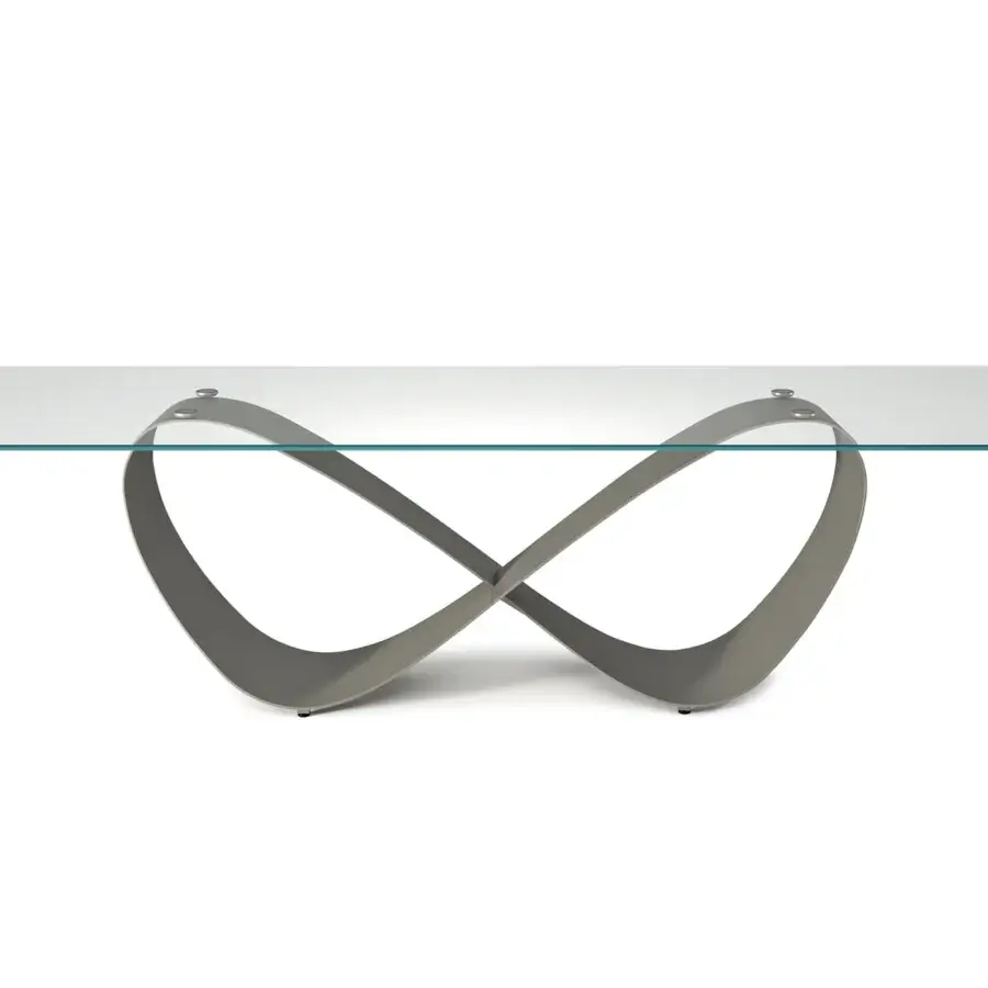 Exclusive Cattelan Italia Butterfly table with a sleek extra clear glass top and brushed grey lacquered steel base crafted in a sculptural form