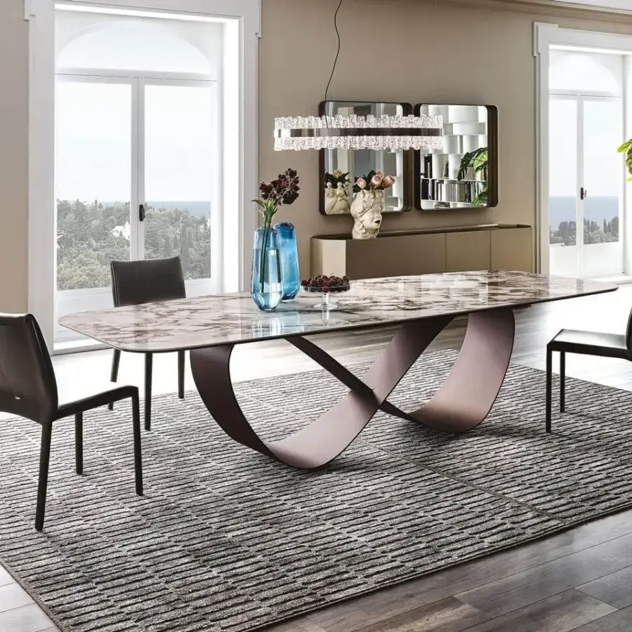 Distinguished Cattelan Italia Butterfly table with glossy Golden Calacatta marmi ceramic and matte taupe bronze embossed lacquered steel base