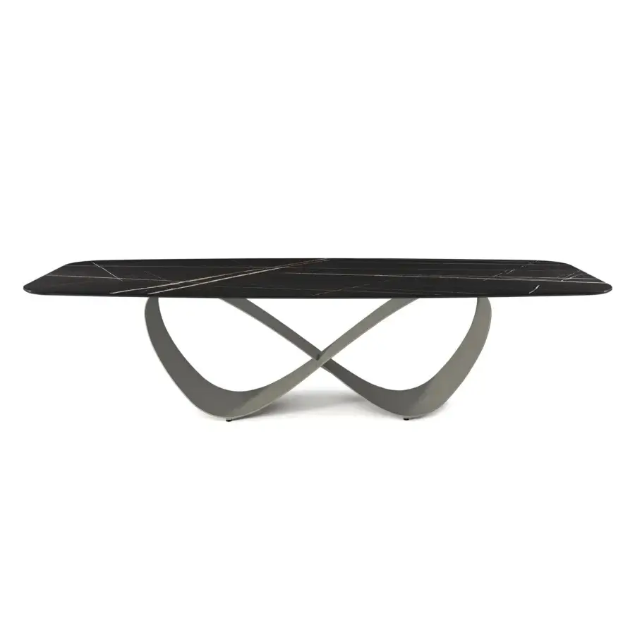 Elegant Cattelan Italia Butterfly table with glossy Sahara Noir Marmi ceramic top and matte gray lacquered steel base