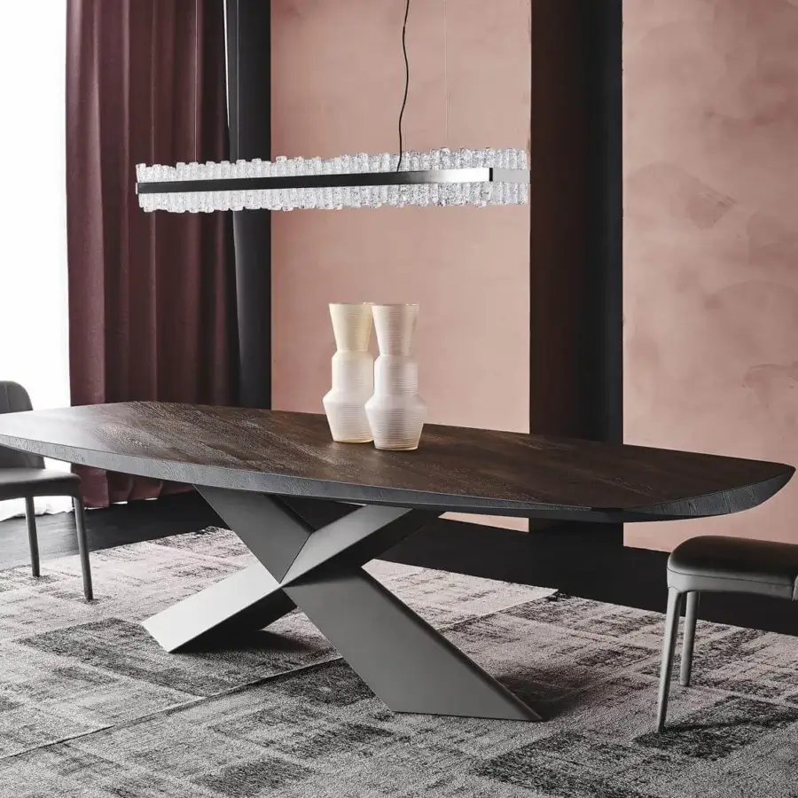 Exceptional Cattelan Italia Tyron table with sculpted wood top in burned oak and graphite embossed lacquered steel base