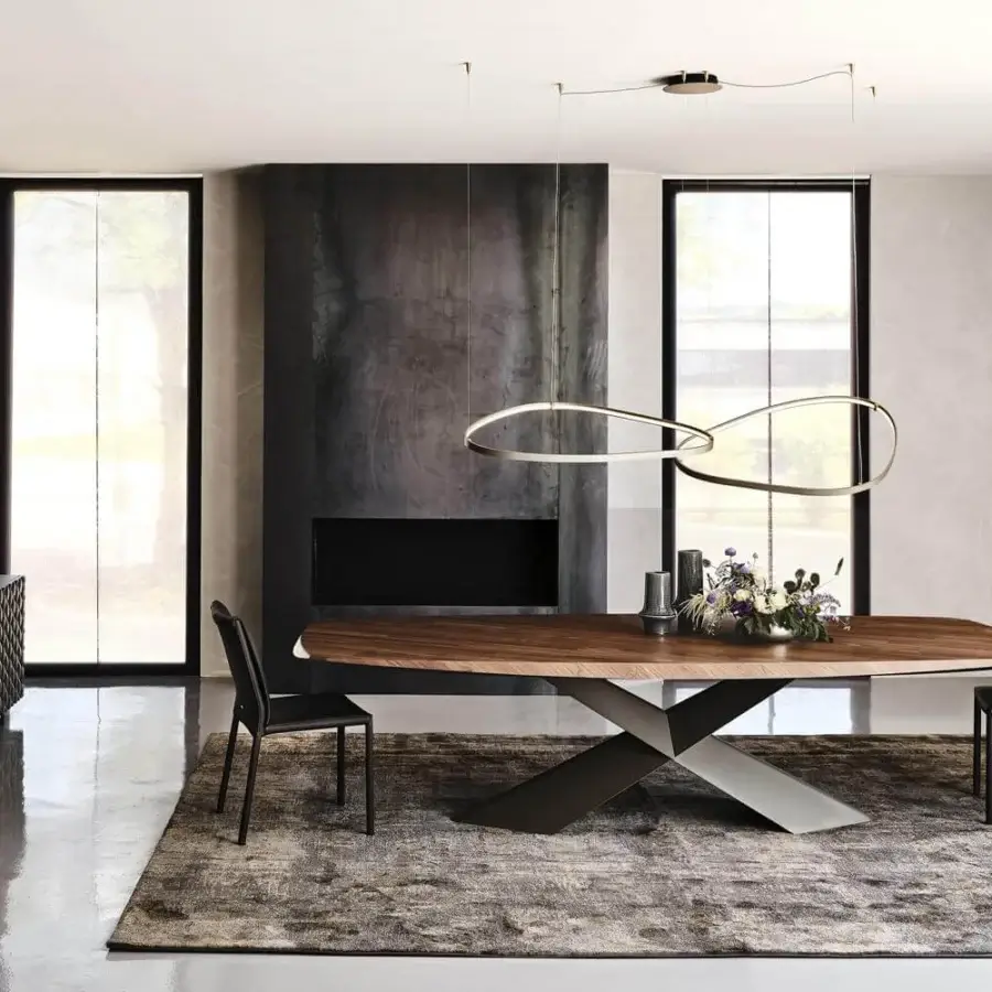 Superior Cattelan Italia Tyron table with graphite embossed steel ‘X’ base and Canaletto walnut barrel top
