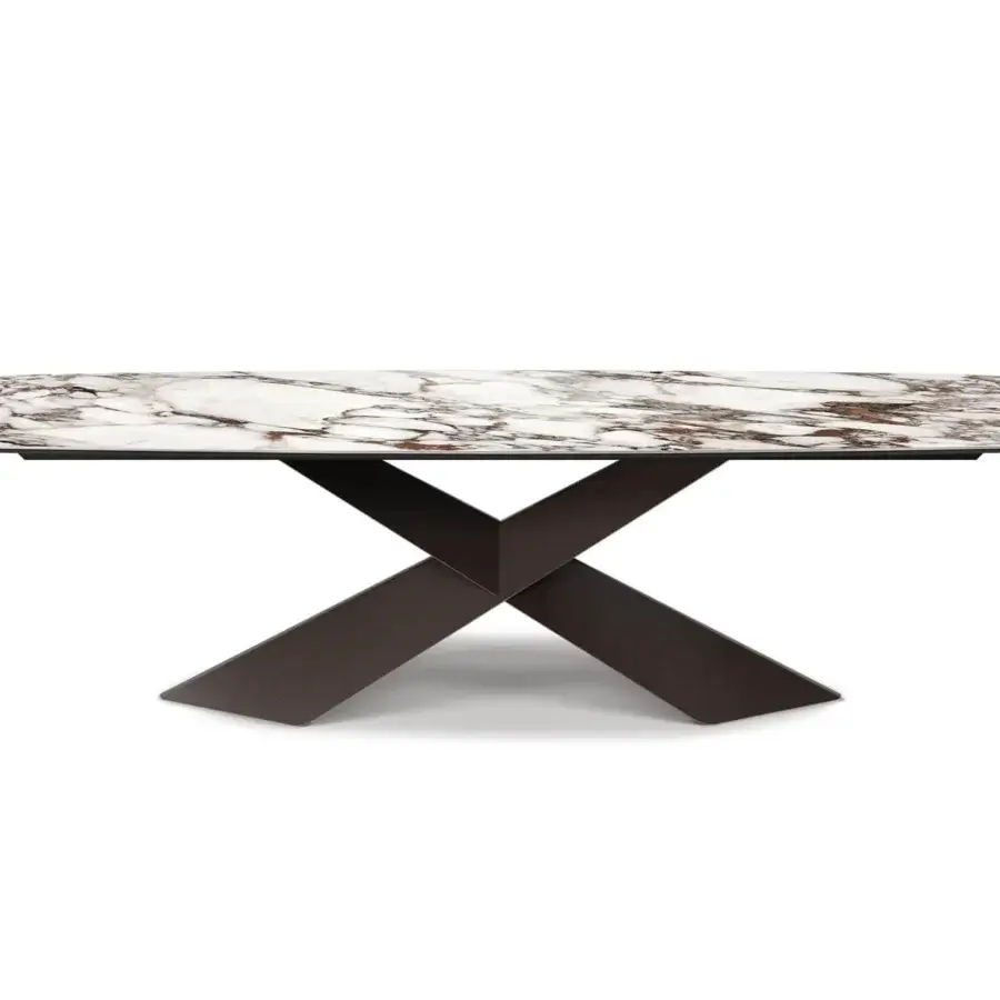 Superior Cattelan Italia Tyron table with shaped marmi ceramic in alabastro finish and embossed lacquered dark bronze steel base