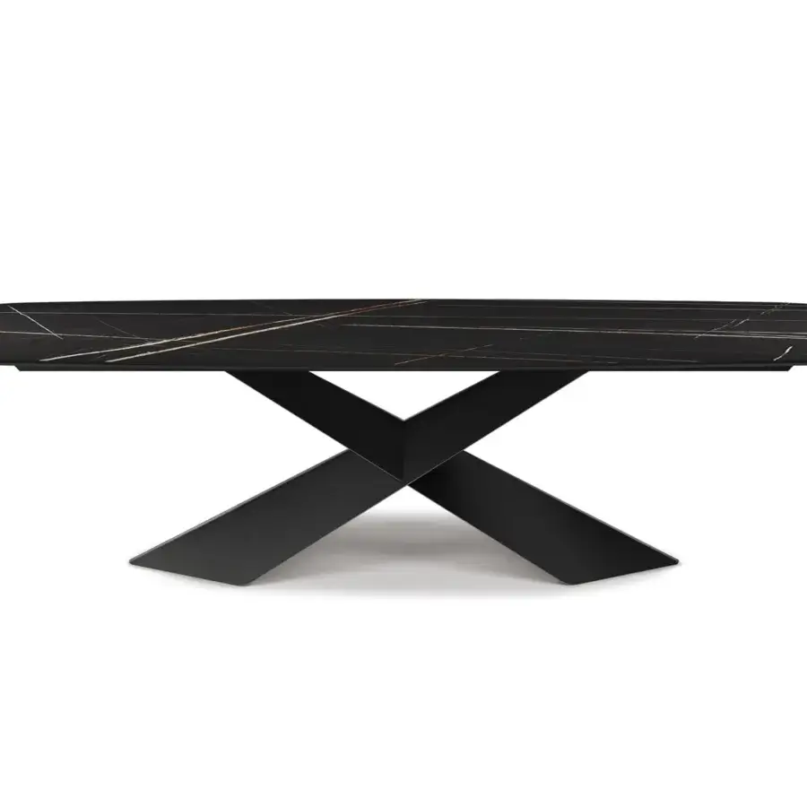 Distinguished Cattelan Italia Tyron table with X base in black embossed lacquered steel and glossy Sahara Noir marmi ceramic top