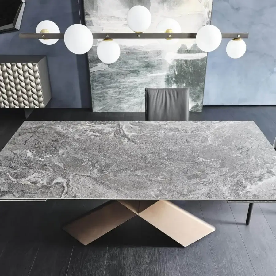 Elegant Cattelan Italia Tyron table with marmi ceramic Ardesia top and bronze embossed lacquered steel X base