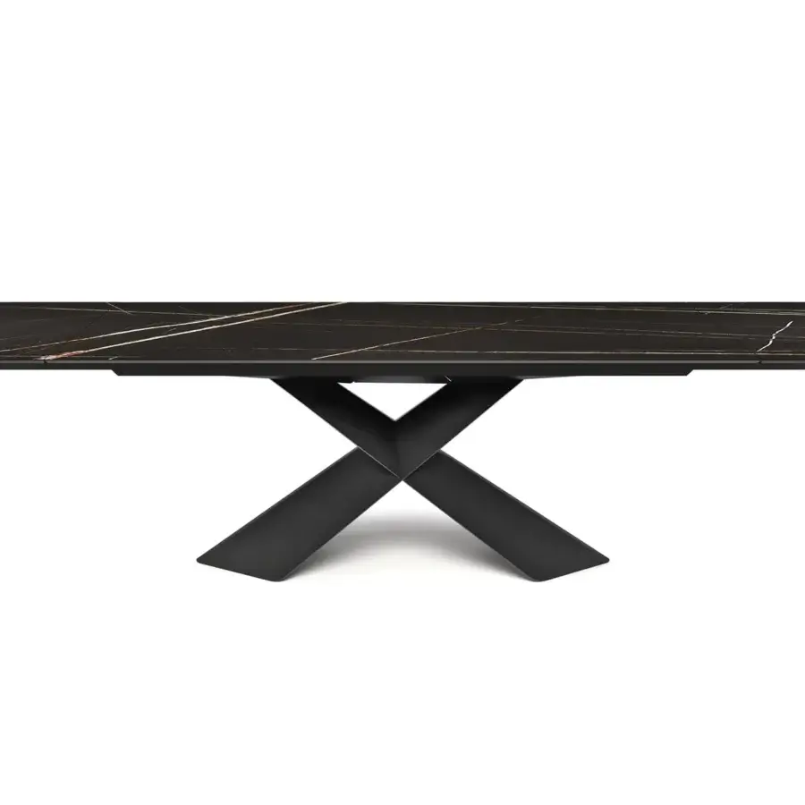 Exceptional Cattelan Italia Tyron table with glossy Sahara Noir marmi ceramic top and black embossed lacquered steel base