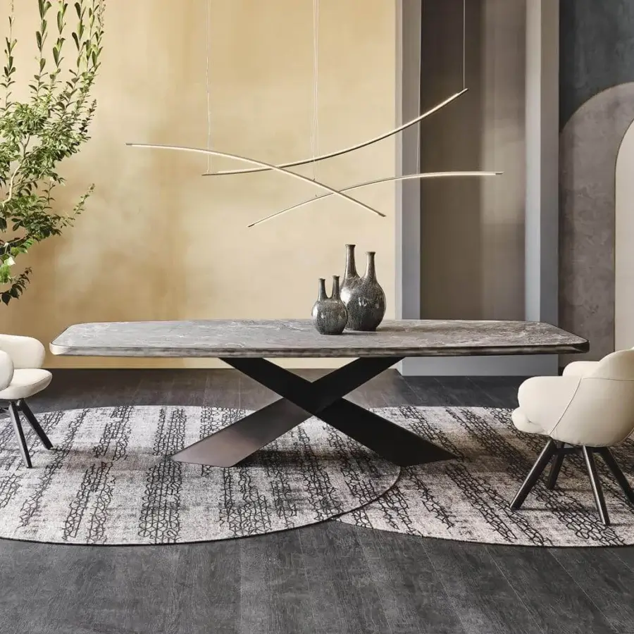 Elegant Cattelan Italia Tyron table with gray marmi ceramic top in Ardesia finish and graphite embossed lacquered steel base