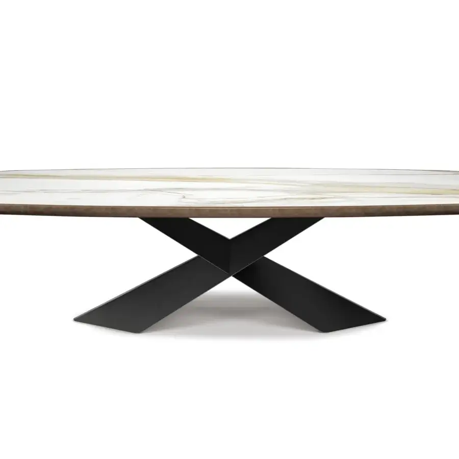 Distinguished Cattelan Italia Tyron table with glossy Golden Calacatta marmi ceramic and black embossed lacquered steel base