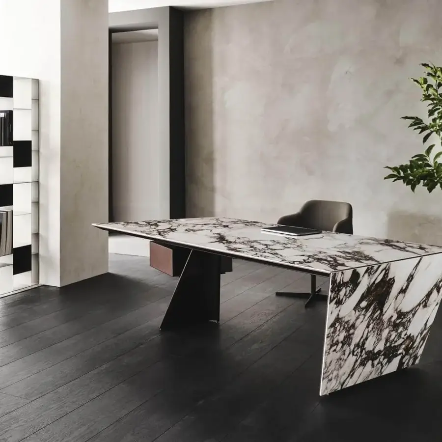 Distinguished Cattelan Italia Nasdaq Keramik desk with marmi ceramic top and black chrome insert, built with embossed lacquered steel and wood