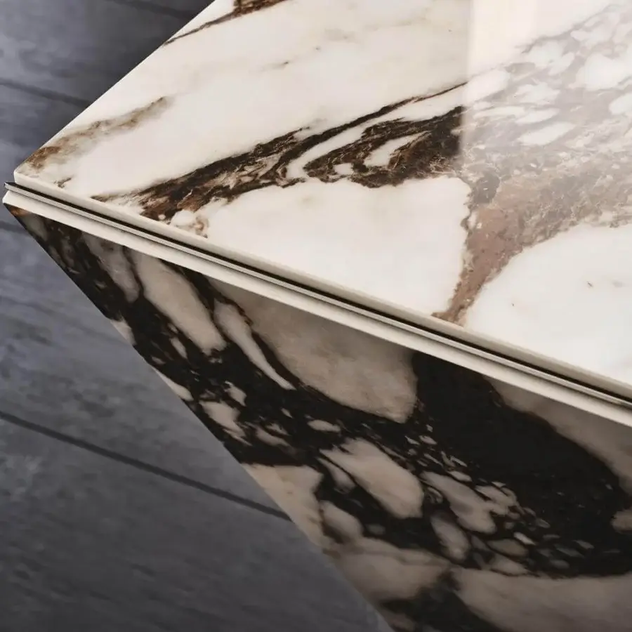 Exceptional Cattelan Italia Nasdaq Keramik desk with marmi ceramic top and black chrome insert in embossed lacquered steel and wood structure