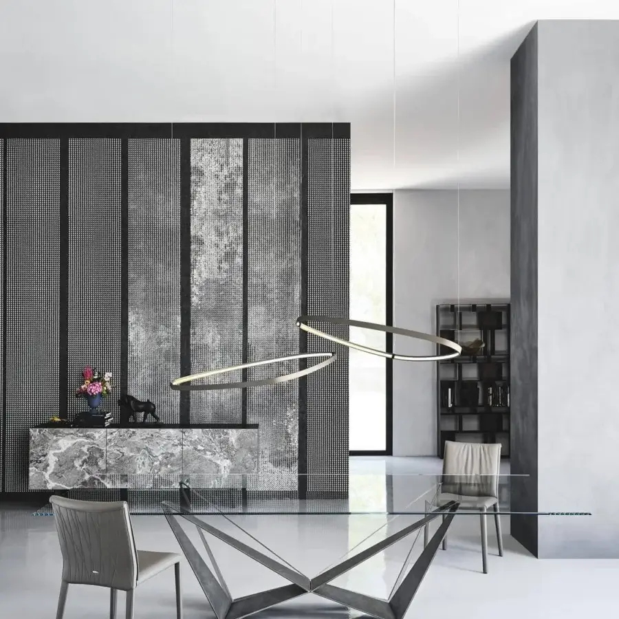 Superior Cattelan Italia Magellano suspension lamp with asymmetrical round diffuser crafted in titanium embossed lacquered steel and light finish
