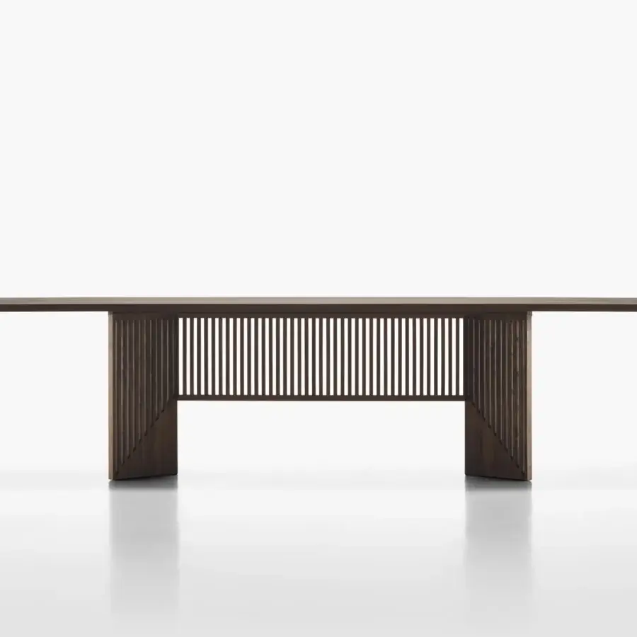 Distinguished Acerbis Maestro table with a slatted base crafted in dark stained walnut and medium density wood fibre tabletop with brushed veneer