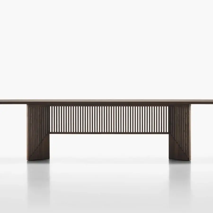 Elegant Acerbis Maestro table with a slatted black ash base and brushed open grain black ash medium-density wood fibre top