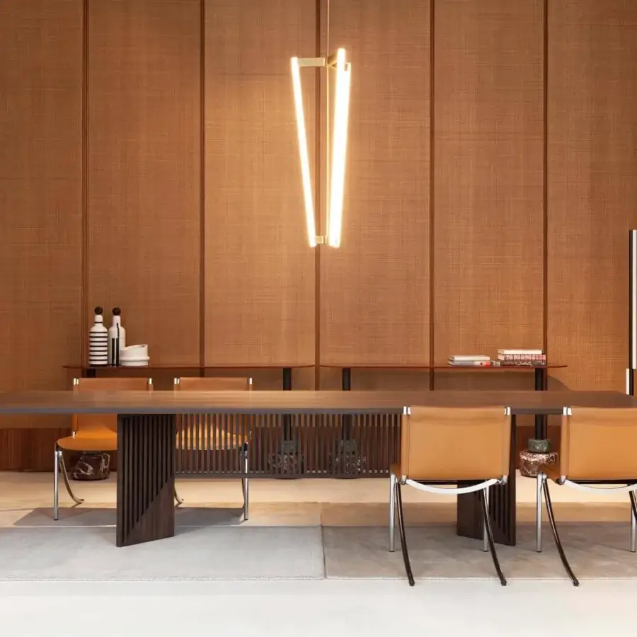 Distinguished Acerbis Maestro table crafted in Italy with a slatted dark stained walnut base and brushed open grain dark walnut finish