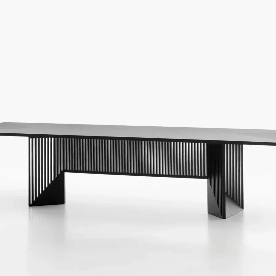 Exceptional Acerbis Maestro table with a black ash wood top and slatted base in a brushed open grain finish