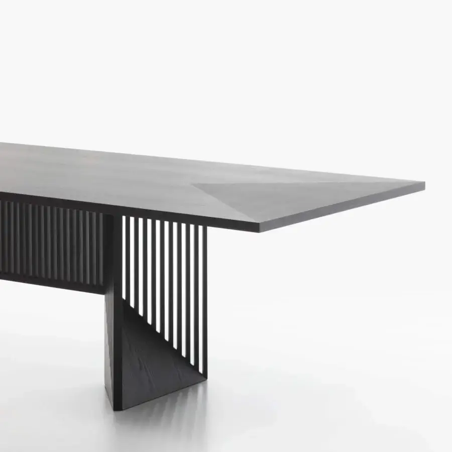 Superior Acerbis Maestro table with a solid black ash wood base and brushed black ash veneer top in a dark gray matte finish