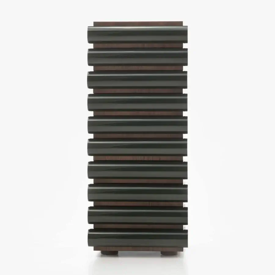 Exceptional Acerbis Storet dresser constructed with dark stained walnut veneer and glossy dark green lacquer finish